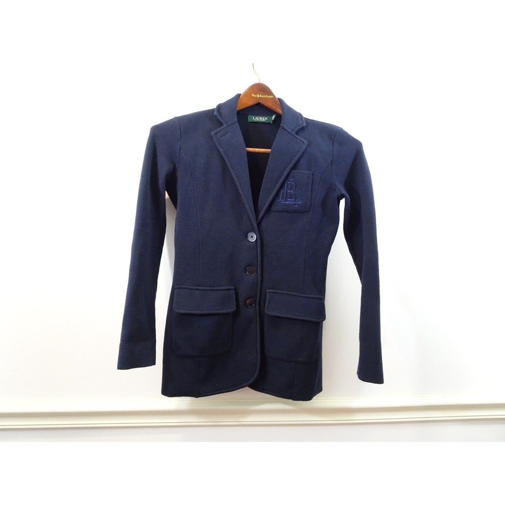 Lauren Ralph Lauren Navy Blue Knit Blazer Crest Logo Sweater Jacket Womens XS